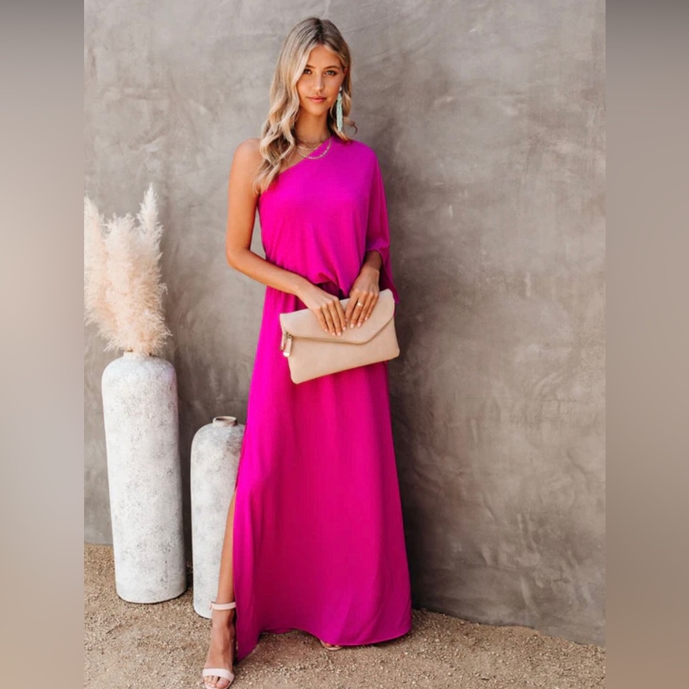 VICI From The Source One Shoulder Fushia Hot Pink Maxi Dress Small S